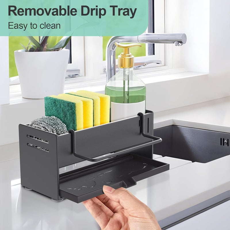 Excefore Kitchen Sink Organizer with Drain Pan, Carbon Steel Sponge Holder and Dishcloth Rack, Rustproof Sink Caddy Drainer for Kitchen Counter and Sink Storage - Image 3
