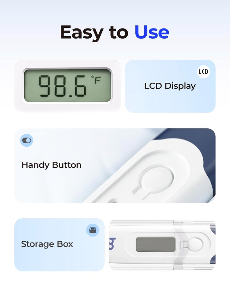 Femometer ميزان حرارة فموي للبالغين والأطفال، ميزان حرارة رقمي سريع ودقيق للفم، تحت الإبط والمستقيم مع طرف مرن، أزرق داكن - Image 3