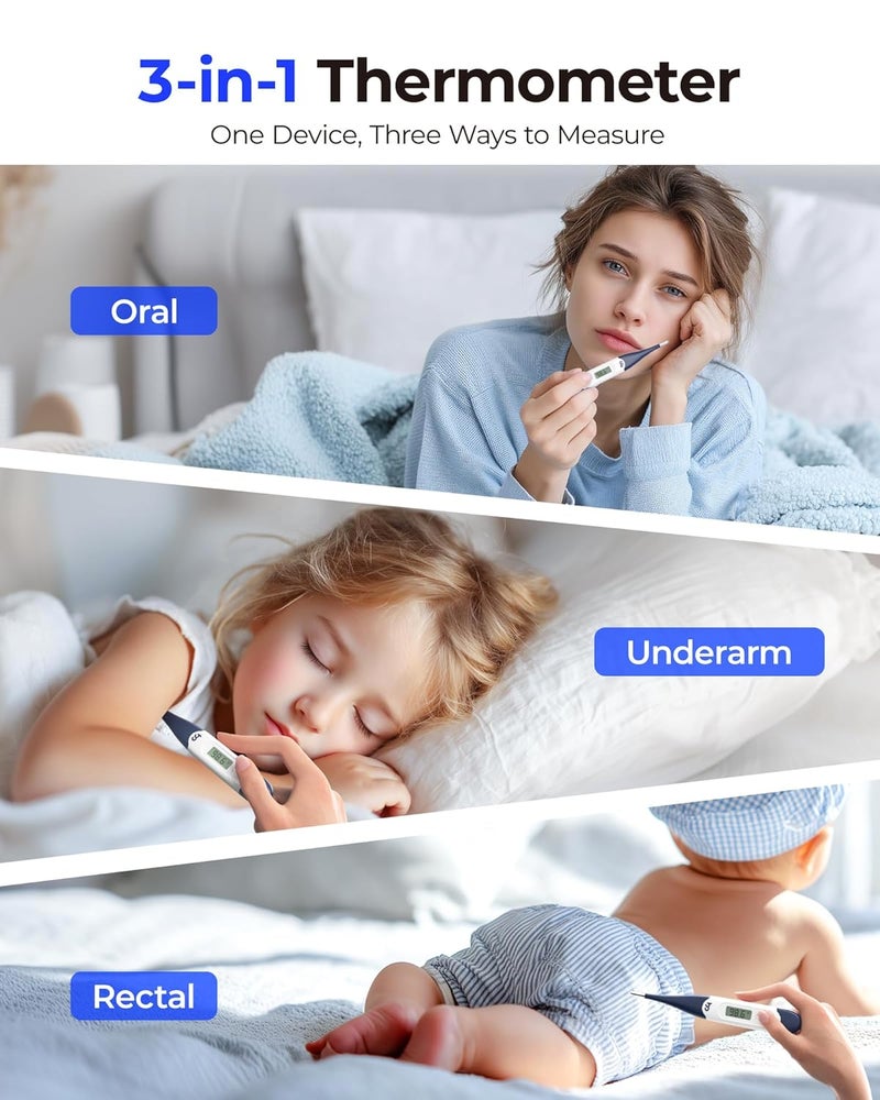 Femometer ميزان حرارة فموي للبالغين والأطفال، ميزان حرارة رقمي سريع ودقيق للفم، تحت الإبط والمستقيم مع طرف مرن، أزرق داكن - Image 4