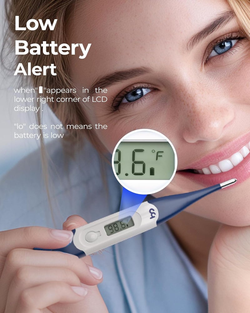 Femometer ميزان حرارة فموي للبالغين والأطفال، ميزان حرارة رقمي سريع ودقيق للفم، تحت الإبط والمستقيم مع طرف مرن، أزرق داكن - Image 5