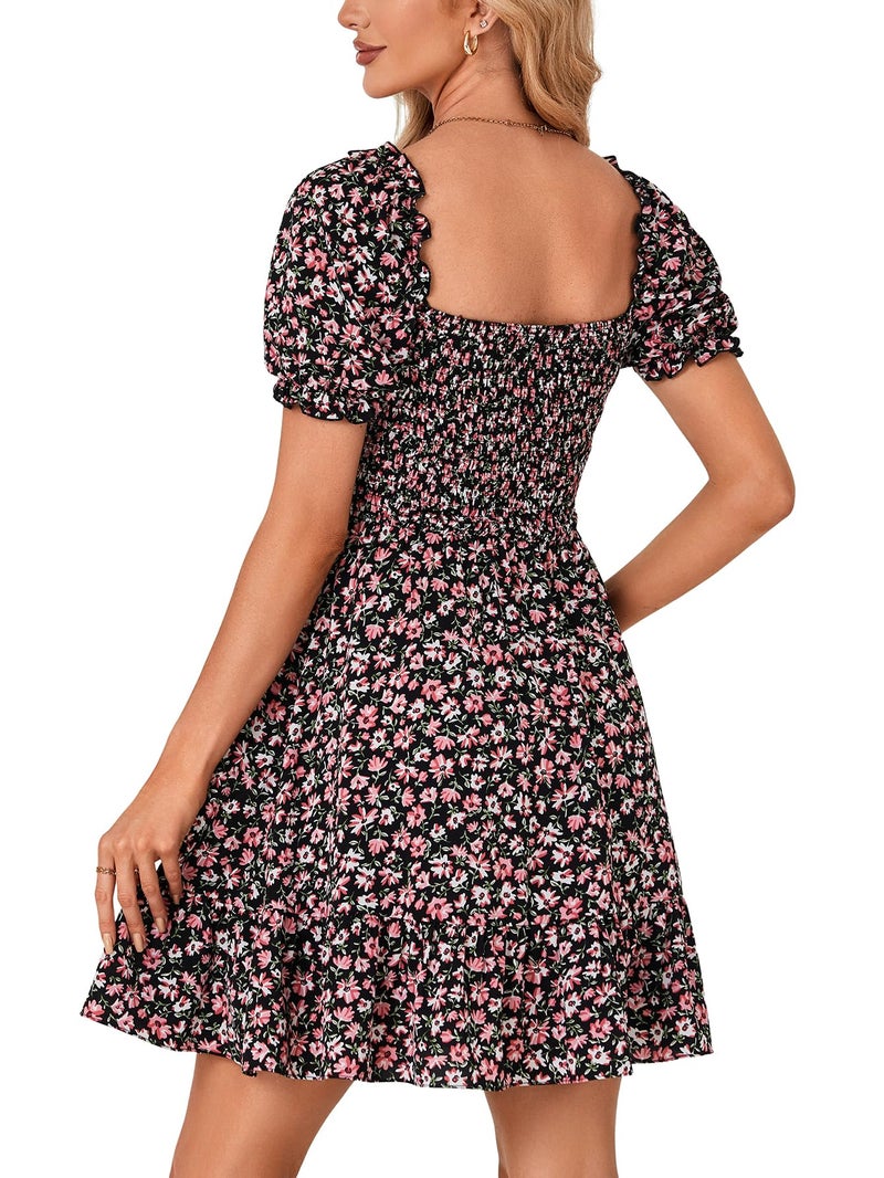 Rooscier Women's Summer Boho Floral Print Square Neck Smocked Ruffle Casual Sundress Mini Dress Black X-Large - Image 5