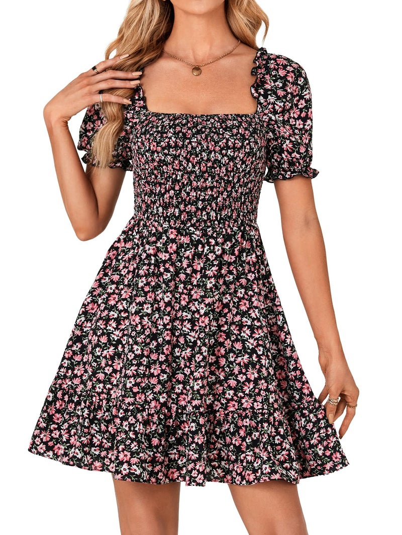 Rooscier Women's Summer Boho Floral Print Square Neck Smocked Ruffle Casual Sundress Mini Dress Black X-Large - Image 2