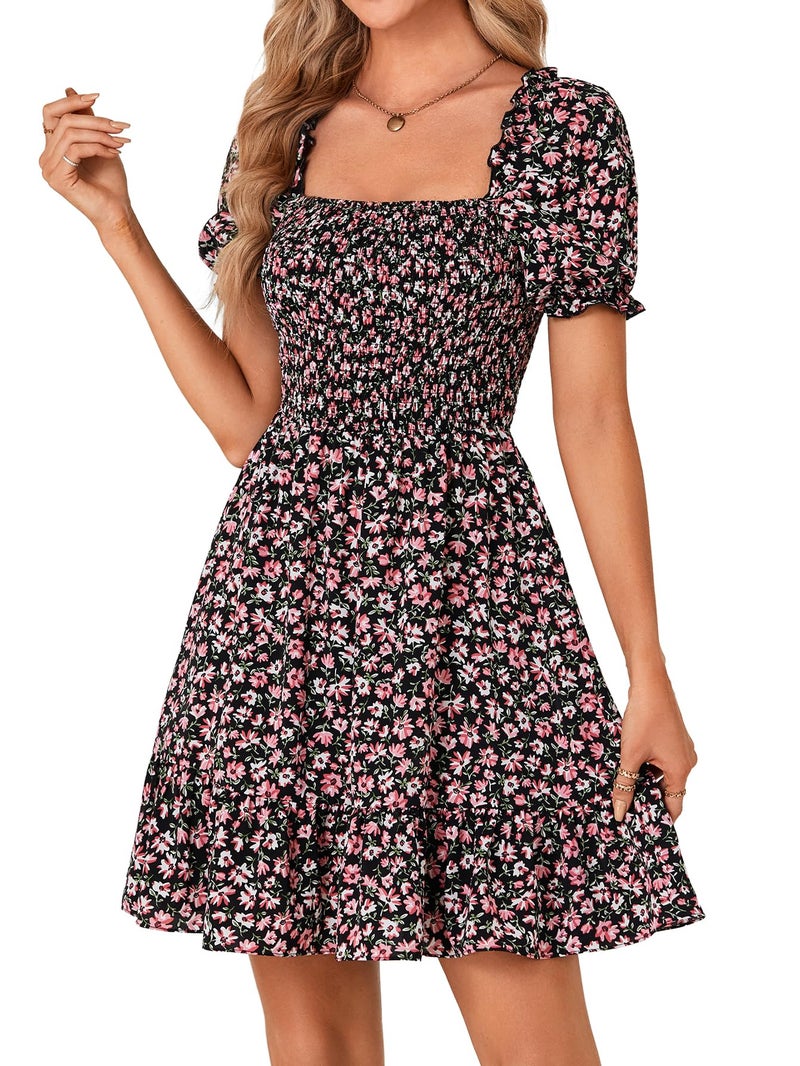 Rooscier Women's Summer Boho Floral Print Square Neck Smocked Ruffle Casual Sundress Mini Dress Black X-Large - Image 3