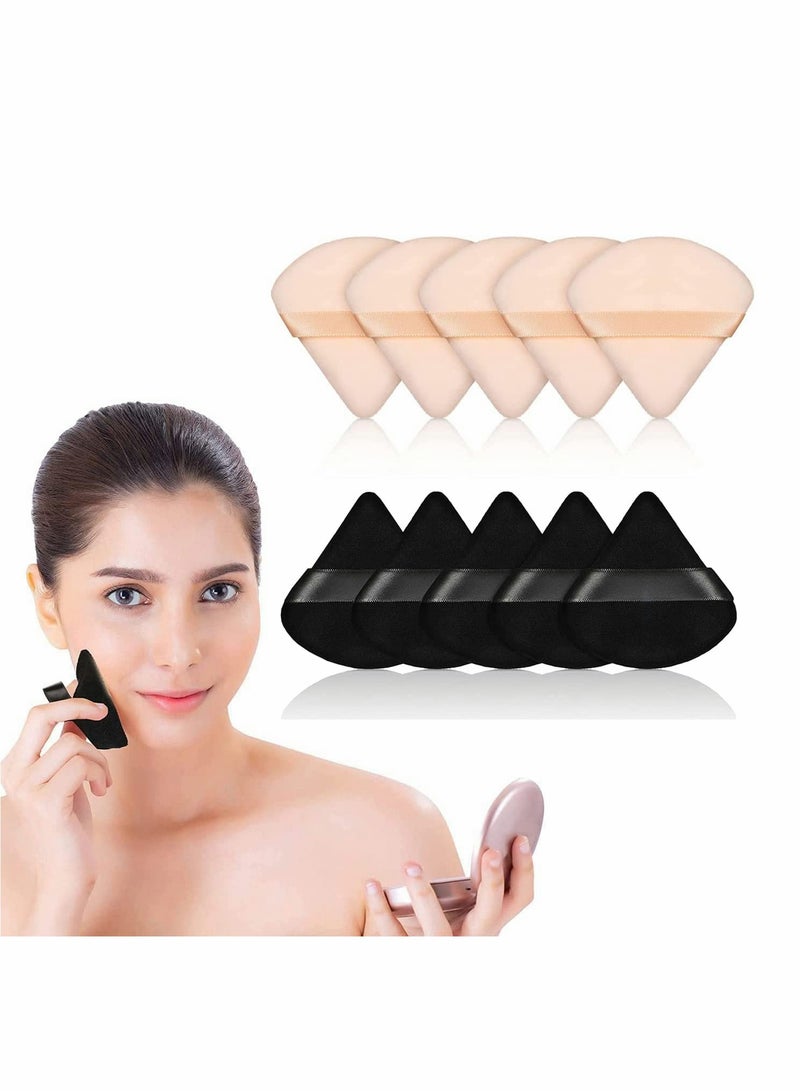 Excefore Pure Powder Puff Face Triangle Soft Makeup Powder Puff for Loose Powder Mineral Powder Body Powder Makeup Tool with Strap for Contouring Under Eyes and Corners (Black and Nude Color - 10 Pcs) - Image 1