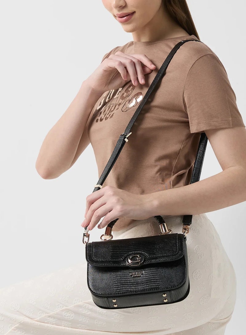 جس حقيبة GUESS Orlina كروس بيد علوية – أسود أنيق بتفاصيل ذهبية فاخرة - Image 5