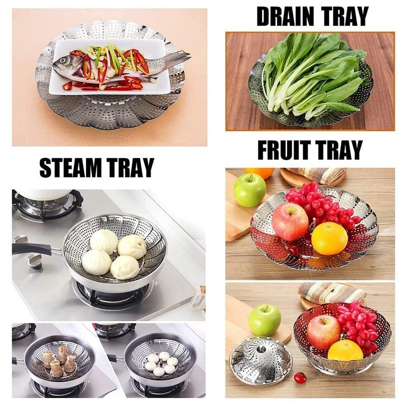 APURK Stainless Steel Steamer Retractable Stainless Steel Steamer Basket for VegetableInsert for Pots Pans Foldable Multipurpose Fruit Bowl Steamer Set of 1 - Image 5