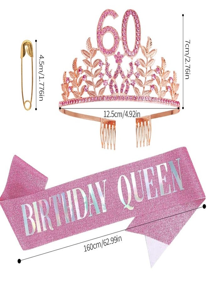 HPMAISON 60th Birthday Decorations for Her 60 Years Happy Birthday Tiara & Sash for Women Rose Gold Rhinestone Crown "Birthday Queen" Sash Princess Headwear Cake Topper Hair Accessories Party Favor - Image 2