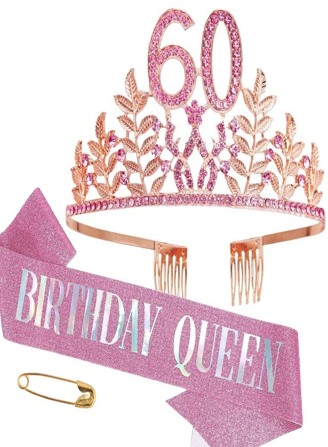 HPMAISON 60th Birthday Decorations for Her 60 Years Happy Birthday Tiara & Sash for Women Rose Gold Rhinestone Crown "Birthday Queen" Sash Princess Headwear Cake Topper Hair Accessories Party Favor - Image 1