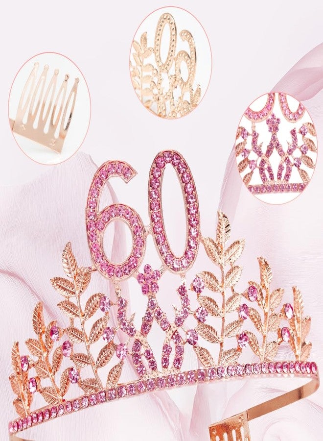 HPMAISON 60th Birthday Decorations for Her 60 Years Happy Birthday Tiara & Sash for Women Rose Gold Rhinestone Crown "Birthday Queen" Sash Princess Headwear Cake Topper Hair Accessories Party Favor - Image 3