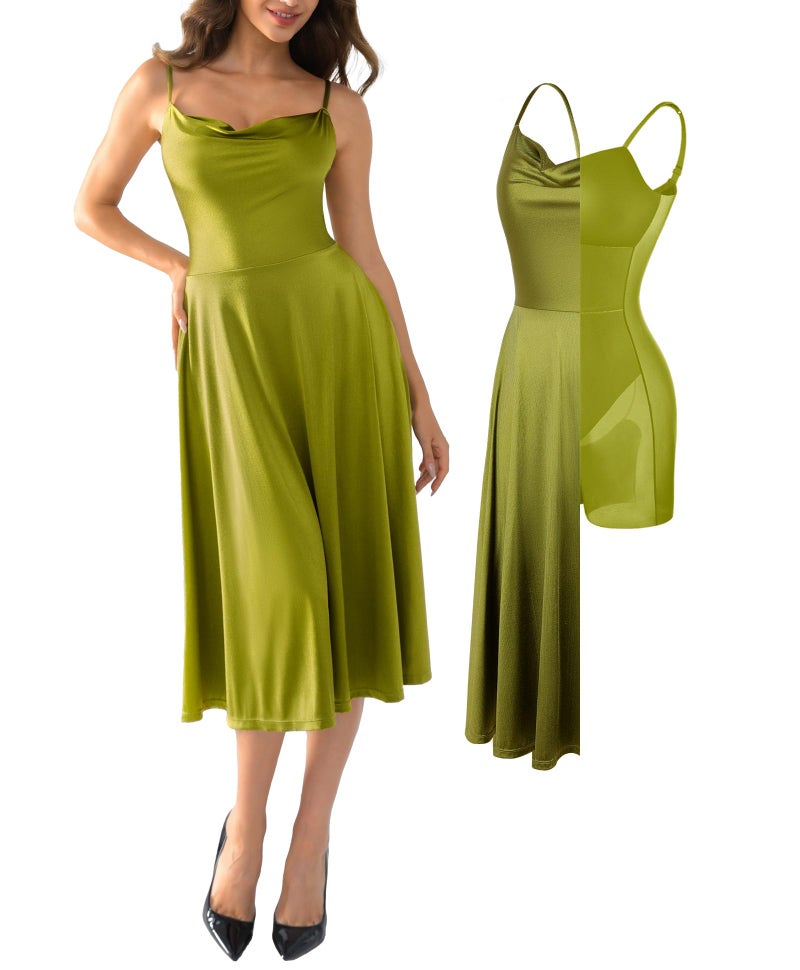 Popilush Summer Corset Spaghetti Strap Dresses for Women All in One Shapewear Tummy Control A-Line Midi Tea Party Dress for Semi Formal Green - Image 1