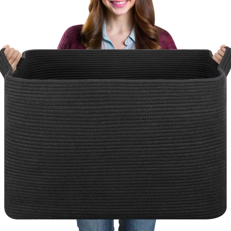 OIASKET 108L Extra Large Blanket Basket, 24.8" x 16.2" x 16.2" Rectangle Woven Storage Baskets for Living Room, Nursery, Bedroom, Toy Basket with Handle (Black) - Image 1