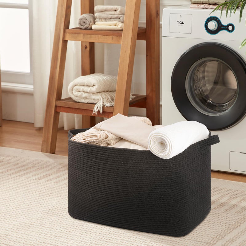 OIASKET 108L Extra Large Blanket Basket, 24.8" x 16.2" x 16.2" Rectangle Woven Storage Baskets for Living Room, Nursery, Bedroom, Toy Basket with Handle (Black) - Image 4