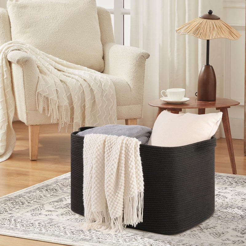 OIASKET 108L Extra Large Blanket Basket, 24.8" x 16.2" x 16.2" Rectangle Woven Storage Baskets for Living Room, Nursery, Bedroom, Toy Basket with Handle (Black) - Image 3