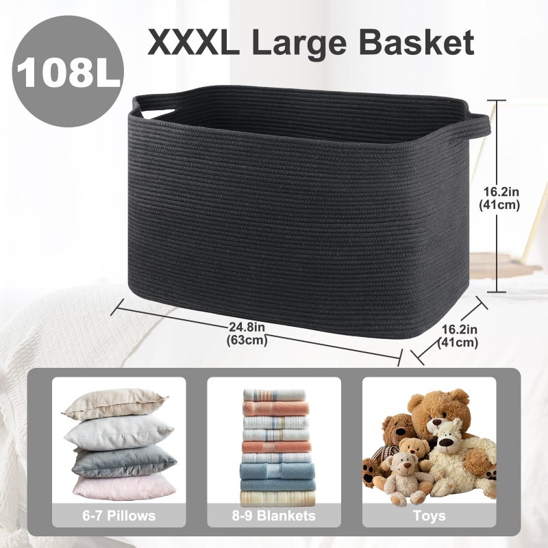 OIASKET 108L Extra Large Blanket Basket, 24.8" x 16.2" x 16.2" Rectangle Woven Storage Baskets for Living Room, Nursery, Bedroom, Toy Basket with Handle (Black) - Image 2