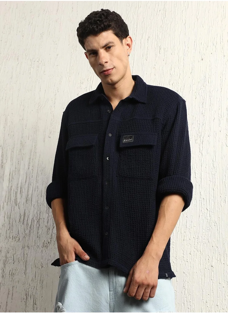 هوبرهولمي Navy Oversized Waffle Shirt for Men, 70% Cotton + 30% Recycled Polyester