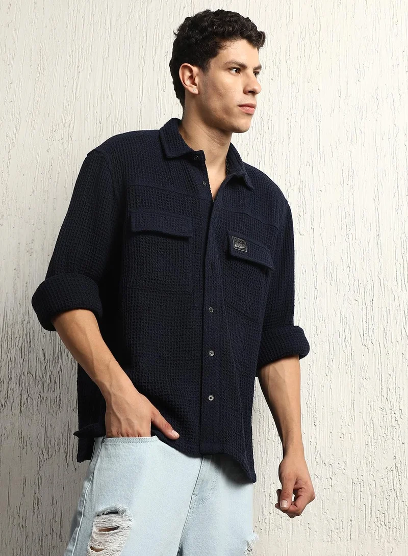 Hubberholme Navy Oversized Waffle Shirt for Men, 70% Cotton + 30% Recycled Polyester