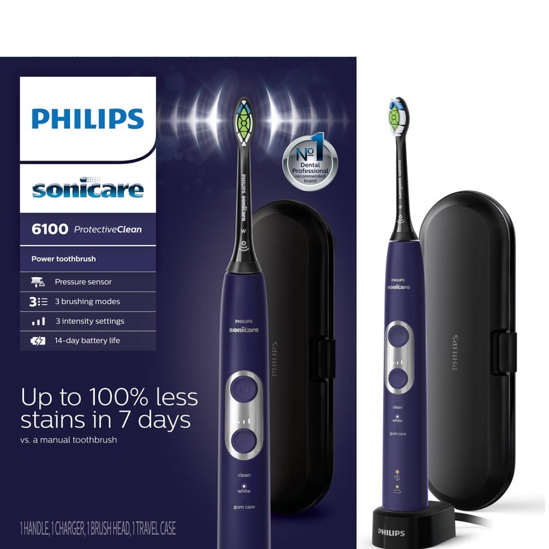 Philips Sonicare ProtectiveClean 6100 Rechargeable Electric Toothbrush with Pressure Sensor 3 Cleaning Modes SmarTimer and QuadPacer 14Day Battery Life Travel Case Deep Purple Model HX647103 - Image 2