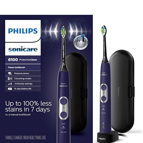 Philips Sonicare ProtectiveClean 6100 Rechargeable Electric Toothbrush with Pressure Sensor 3 Cleaning Modes SmarTimer and QuadPacer 14Day Battery Life Travel Case Deep Purple Model HX647103 - Image 1