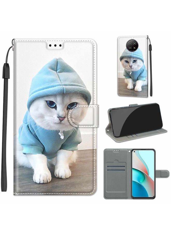 HuHa Case Cover For Xiaomi Redmi Note 9 5G/ 9T Voltage Coloured Drawing Magnetic Clasp Horizontal Flip PU Leather Case with Holder & Card Slots C15 Blue Sweater White Cat