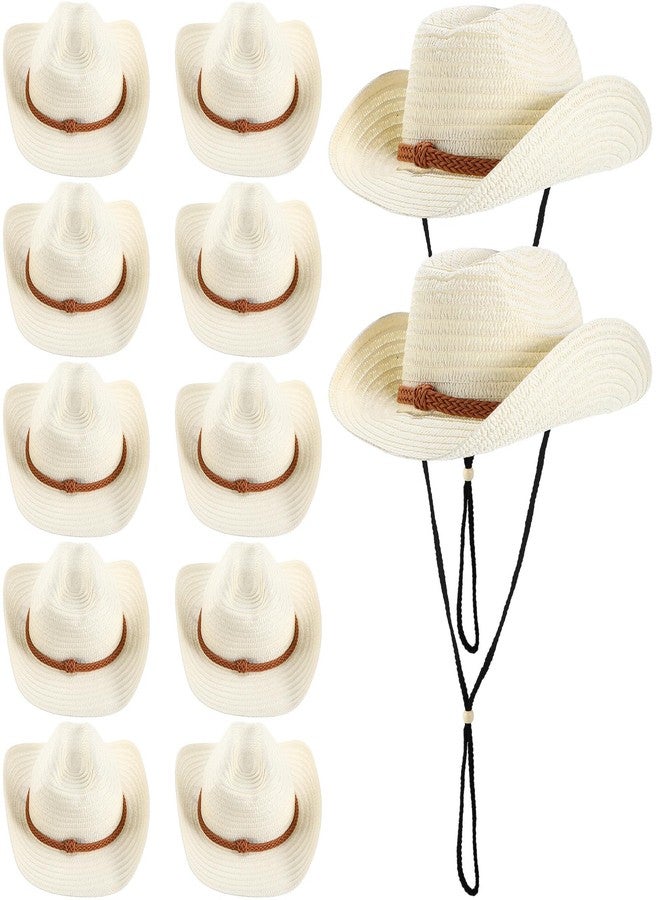 JaGely 12 Pcs Straw Cowboy Hats for Women Men, Wide Brim Summer Hat Bulk Sun Protection for Western Themed Party(White) - Image 1