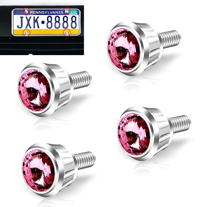 yorpyep 4 PCS License Plate Screws Fastener Kit Sparkling Rhinestone Car Anti Theft Screw Caps Cool Funny License Plate Frame Decorative Screws Bolts Universal for Most Cars Trucks SUVs Pink - Image 3