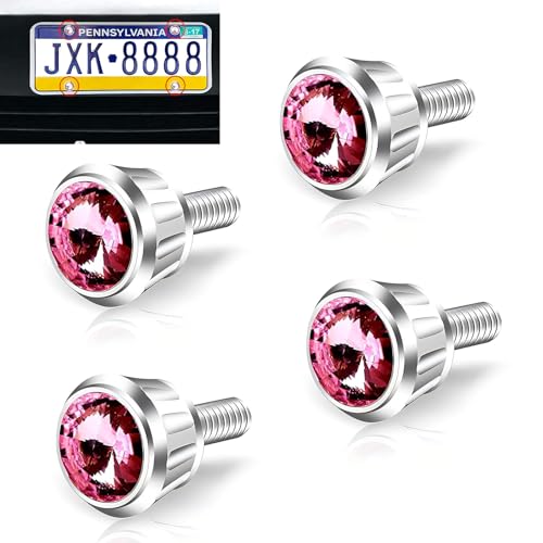 yorpyep 4 PCS License Plate Screws Fastener Kit Sparkling Rhinestone Car Anti Theft Screw Caps Cool Funny License Plate Frame Decorative Screws Bolts Universal for Most Cars Trucks SUVs Pink - Image 1