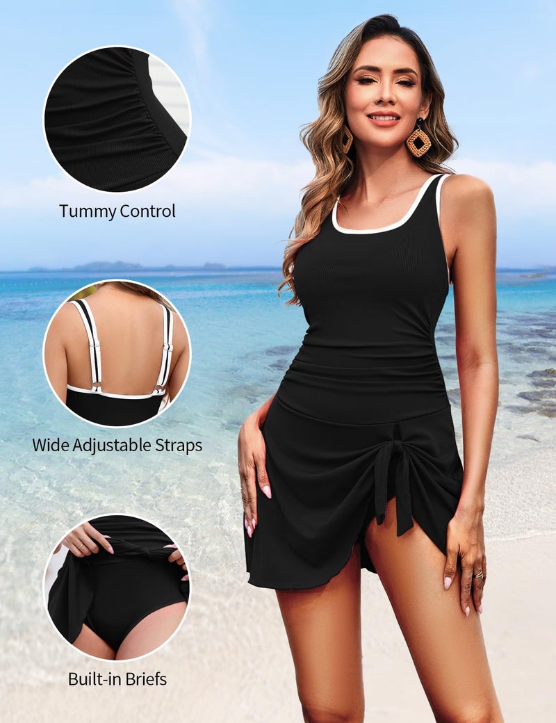 Zilcremo One Piece Swimdress Swimsuits for Women Tummy Control Swim Dresses Skirt Bathing Suit Color Block Ribbed Swimwear Black L - Image 5