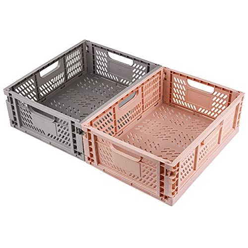 Spesh 2 Pcs Collapsible Crates Storage Boxes Stackable Storage Baskets Plastic Folding Crate Boxes with Handles for KitchenLiving RoomOffice40  30  15cmPinkGrey