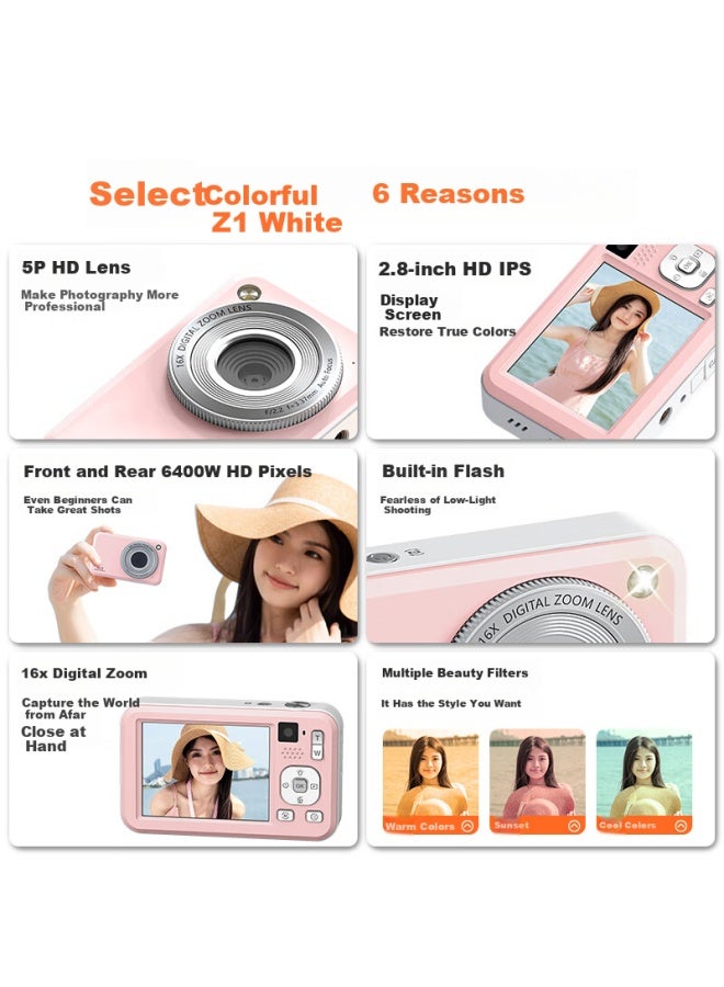 Caizu Dual Camera 6400w High Definition Pixel Digital Camera Selfie Vlog Mini Card Camera Student Campus Gift Entry-level Mobile Phone Replaceable Ccd Camera Pink 64g - Image 1