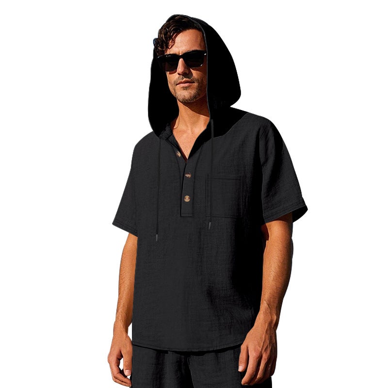 Sale Summer Linen Shirt Men''s Style Simple Loose Casual Hooded Henry Short-sleeved T-shirt - Image 1