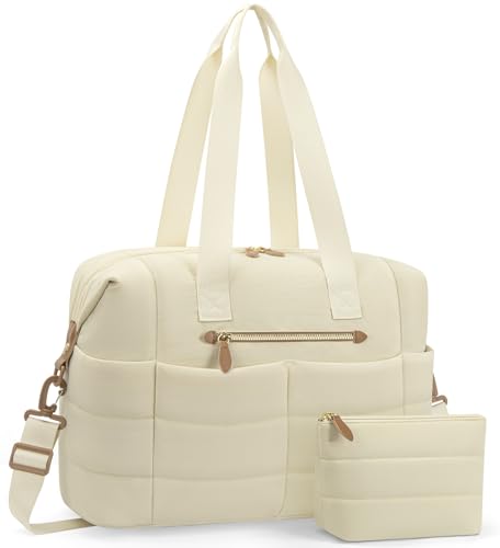 Tuwubi Travel Duffel Bag Puffer Gym Bag for Women Lightweight Weekender Overnight Bags Carry On Tote For Spirit Airlines Personal Item Bags with Toiletry Pouch Beige M - Image 1