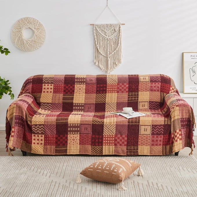 BOHO THROW BLANKETPATCHWORK LARGE BLANKETS FOR SOFA DOUBLE BED ARMCHAIR COUCHWEIGHTED SOFT FURNITURE THROWSTASSELS CHENILLE THROWS AND BLANKETS FOR BOHEMIAN DECOR L220X260 XNE005