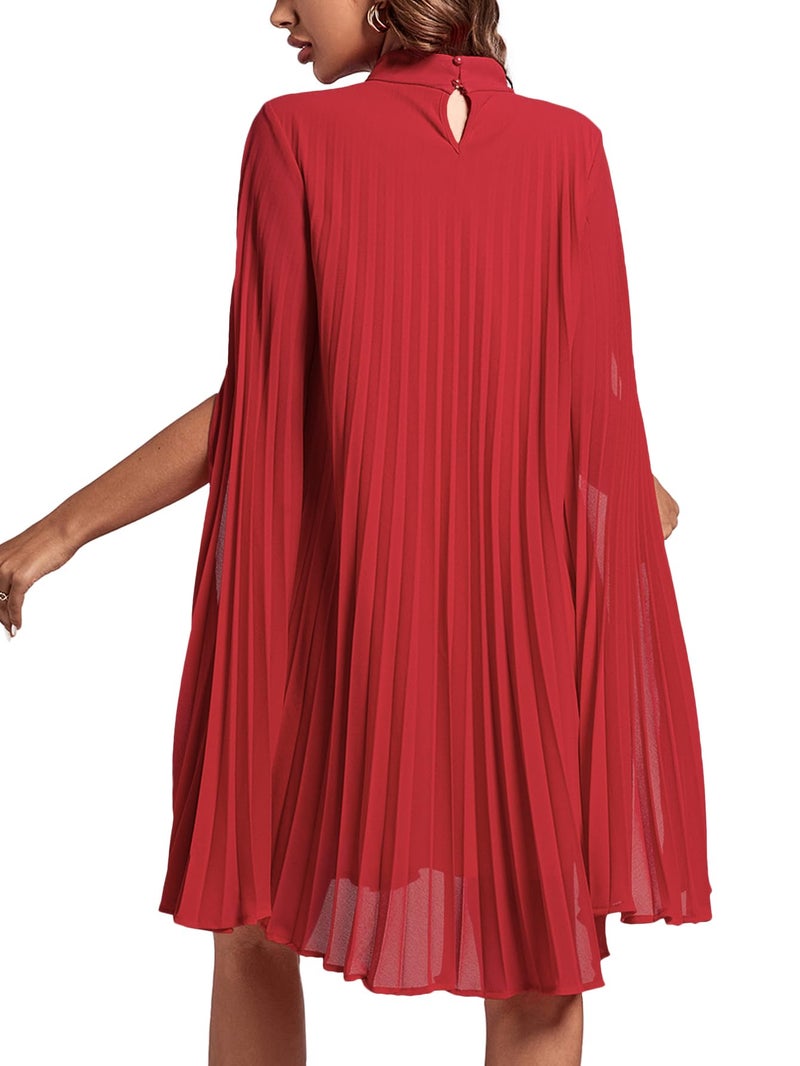Rooscier Women's Pleated Mock Neck Cloak Sleeve Keyhole Back Flowy Party Midi Dress Plain Red Small - Image 2