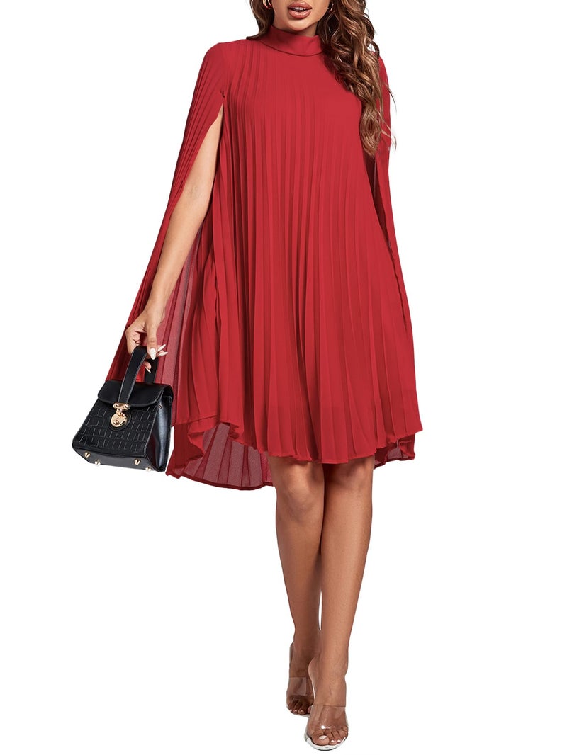 Rooscier Women's Pleated Mock Neck Cloak Sleeve Keyhole Back Flowy Party Midi Dress Plain Red Small - Image 5