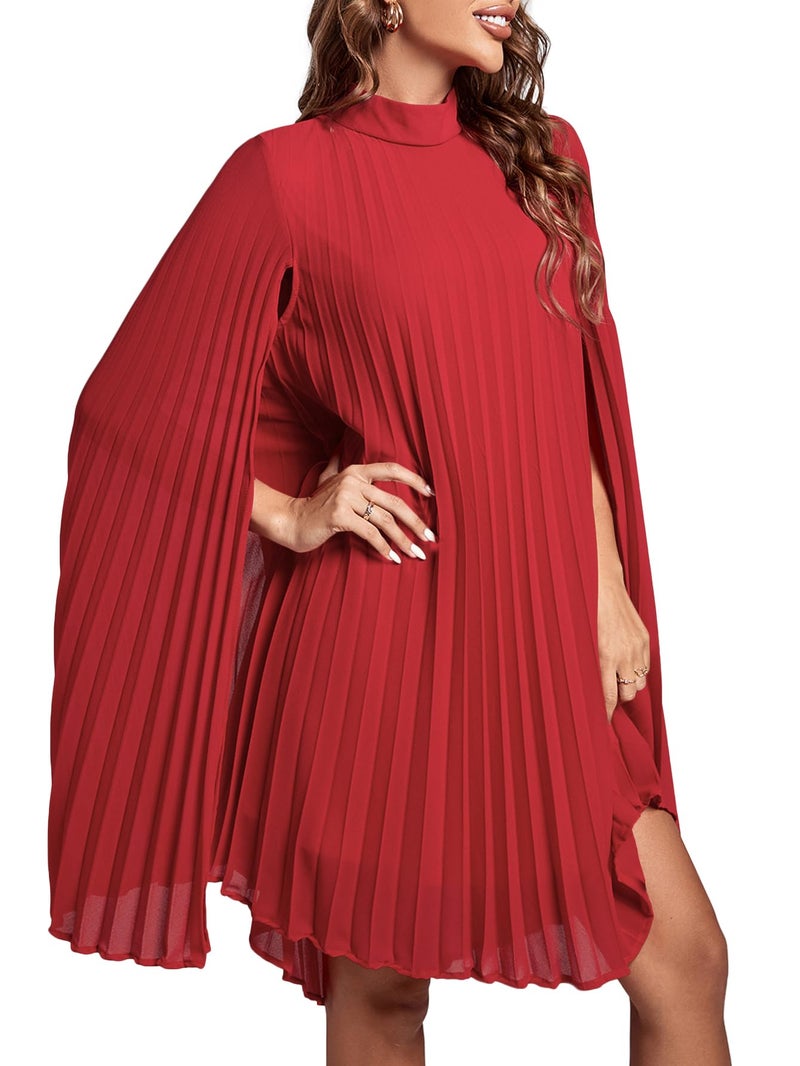 Rooscier Women's Pleated Mock Neck Cloak Sleeve Keyhole Back Flowy Party Midi Dress Plain Red Small - Image 3