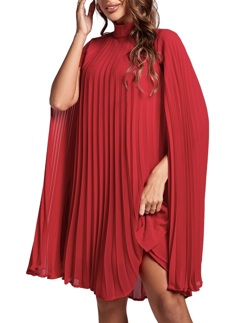 Rooscier Women's Pleated Mock Neck Cloak Sleeve Keyhole Back Flowy Party Midi Dress Plain Red Small - Image 4