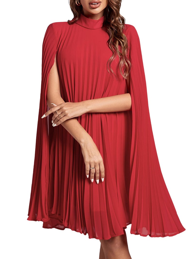 Rooscier Women's Pleated Mock Neck Cloak Sleeve Keyhole Back Flowy Party Midi Dress Plain Red Small - Image 1