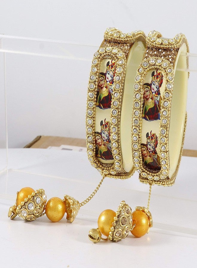 ZULKA Acrylic (Plastic) with Zircon Gemstone Or Radha Krishna Pattern and Linked with Ball Chain Glossy Finished Latkan Kada Set For Women and Girls, (Golden_2.6 Inches), Pack Of 2 Kada Set - Image 3