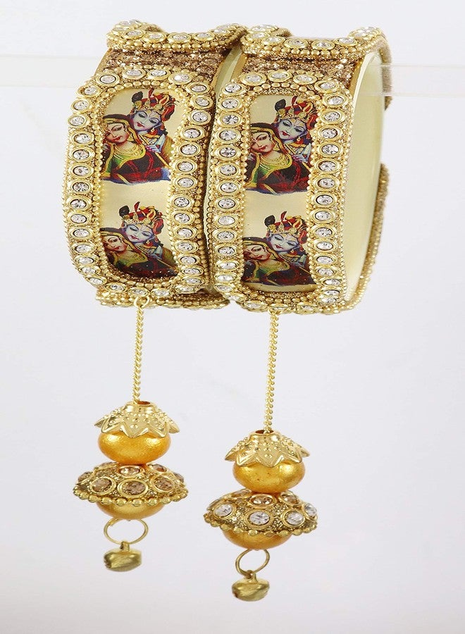 ZULKA Acrylic (Plastic) with Zircon Gemstone Or Radha Krishna Pattern and Linked with Ball Chain Glossy Finished Latkan Kada Set For Women and Girls, (Golden_2.6 Inches), Pack Of 2 Kada Set - Image 4