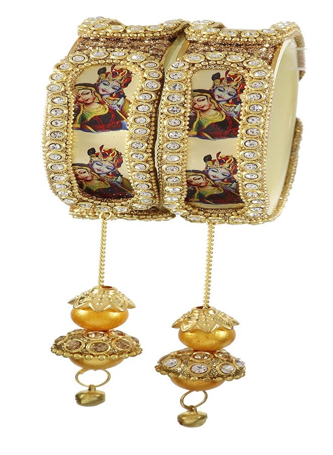 ZULKA Acrylic (Plastic) with Zircon Gemstone Or Radha Krishna Pattern and Linked with Ball Chain Glossy Finished Latkan Kada Set For Women and Girls, (Golden_2.6 Inches), Pack Of 2 Kada Set - Image 2