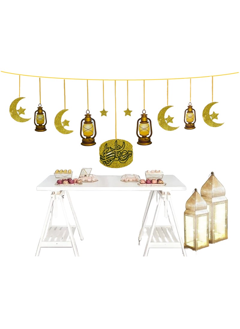 Boxwoods 2 Pcs Of Ramadan Mubarak Moon And Lantern Design Emirati Traditional Style Large Size Golden Banner For Iftar Party Decoration  - Image 2