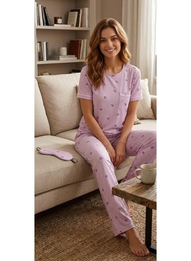Women's 2-piece summer pajama set (T-shirt and trousers)—a comfortable design for daily wear—featuring a stylish sleep mask. - Image 4