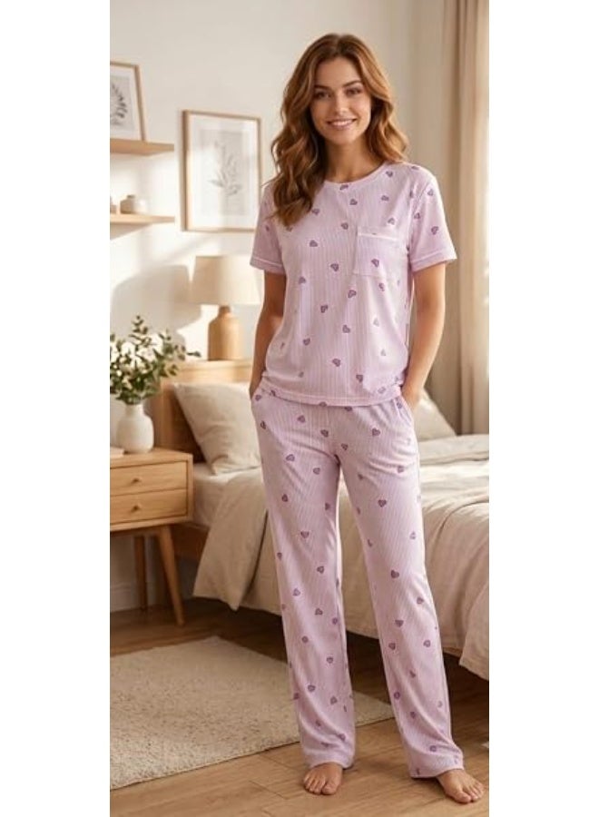 Women's 2-piece summer pajama set (T-shirt and trousers)—a comfortable design for daily wear—featuring a stylish sleep mask. - Image 2
