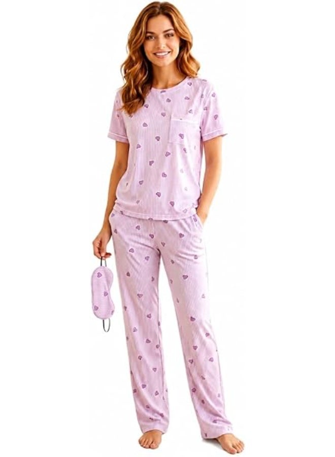 Women's 2-piece summer pajama set (T-shirt and trousers)—a comfortable design for daily wear—featuring a stylish sleep mask. - Image 1