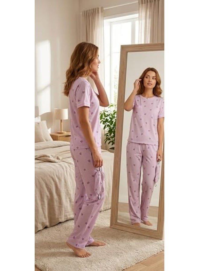 Women's 2-piece summer pajama set (T-shirt and trousers)—a comfortable design for daily wear—featuring a stylish sleep mask. - Image 3