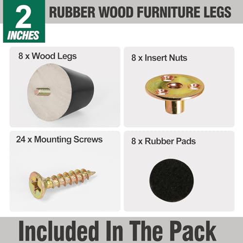 FoDau770 Black Rubber Wood Furniture Legs 2 Inches, Straight Tapered Wood Feet Mid Century Sofa Legs Set of 8, 5/16" UNC Furniture Feet for Cabinet Couch Dresser Chair Ottoman Table - Image 2