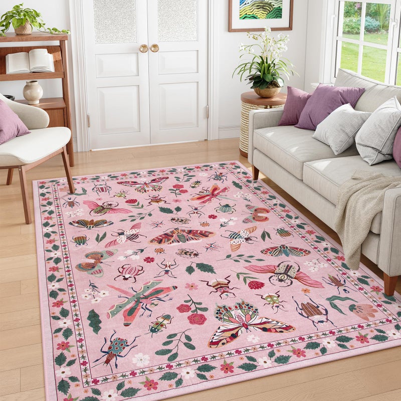 Lahome Insect Machine Washable Rugs 5x7 Soft Modern Pink Rugs for Bedroom Girls Living Room Non Slip UltraThin Stain Resistant Accent Carpet for Dining Room Nursery5x7Pink