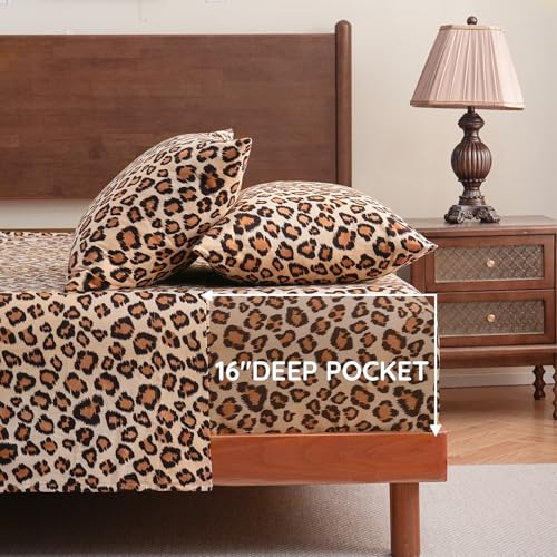 LONAVA 100% Cotton Flannel Sheet Set 4 Pieces, Heavy-Duty Fluffy Flannel Design, Thermal Lock Technology, 16 inch Deep Pocket Cozy Soft Bedsheets,(Twin,Brown Leopard) - Image 5