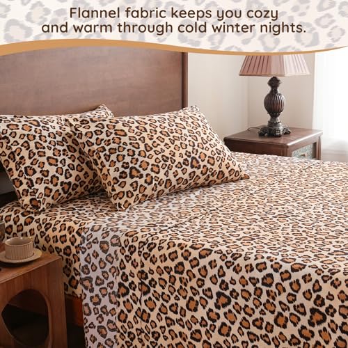 LONAVA 100% Cotton Flannel Sheet Set 4 Pieces, Heavy-Duty Fluffy Flannel Design, Thermal Lock Technology, 16 inch Deep Pocket Cozy Soft Bedsheets,(Twin,Brown Leopard) - Image 2