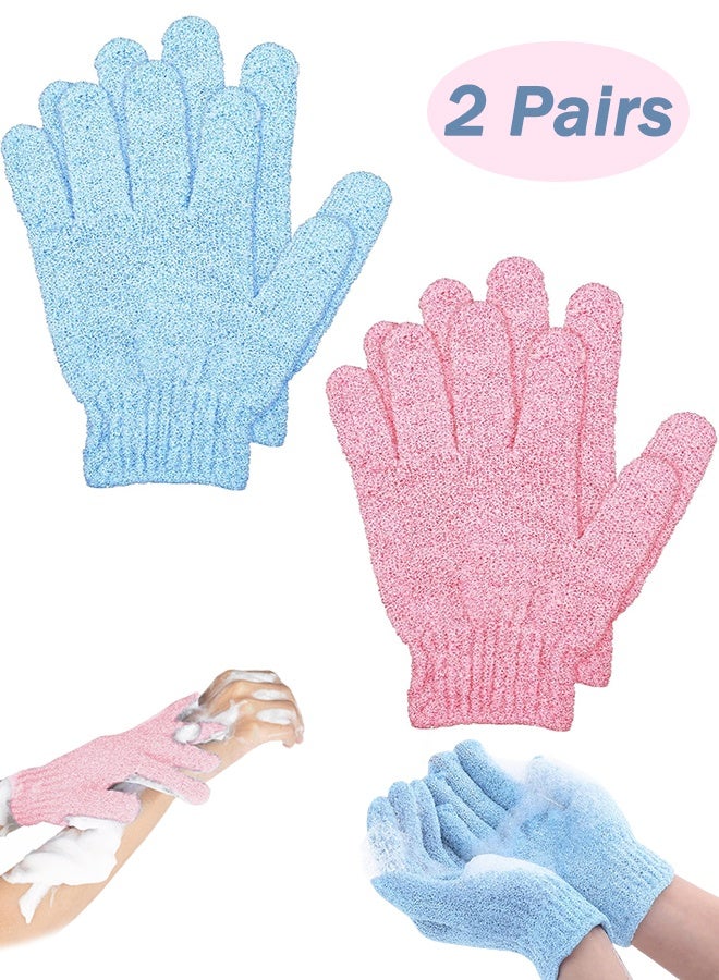 2 Pairs Bath Gloves for Shower Natural Loofah Exfoliating Wash Gloves for Body and Face, Dead Skin Remover, Double Sided Microfiber Shower Body Gloves for Adults and Kids(Blue and Pink)  - Image 1